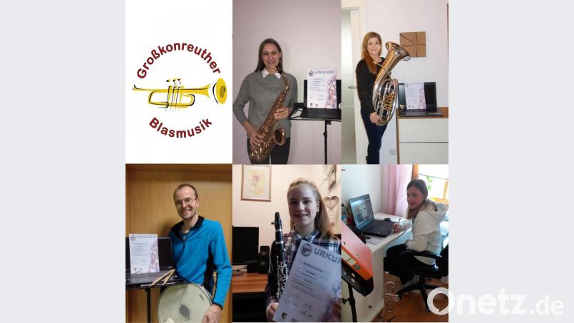 Fünf Musikerinnen und Musiker haben sich erfolgreich der D2-Prüfung des Nordbayerischen Musikbundes, natürlich online, gestellt (oben von links): Luisa Prockl (Saxofon) und Jessica Müller (Tenorhorn) sowie (unten von links) Markus Werner (Schlagzeug), Linda Richtmann (Klarinette ) und Magdalena Härtl (Theorie). Screenshot: Markus Werner/exb