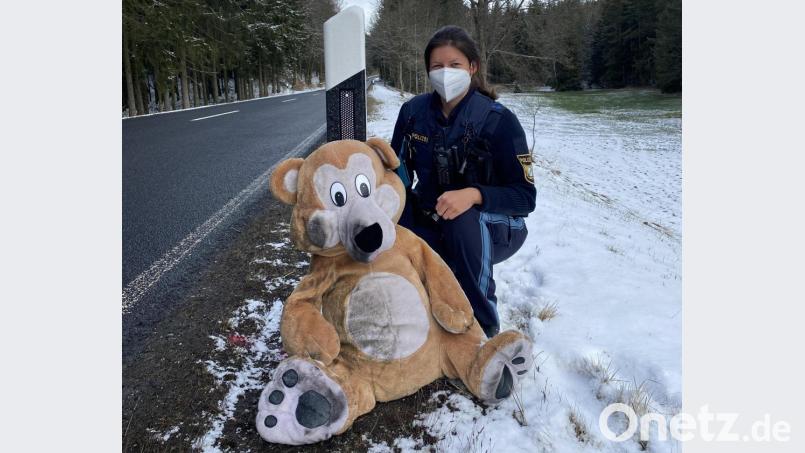 Den Plüschteddy an der Straße zwischen Höchstädt und Marktleuthen brachte die Polizei ins Fundbüro nach Marktredwitz. Bild: Polizeiinspektion Marktredwitz/exb