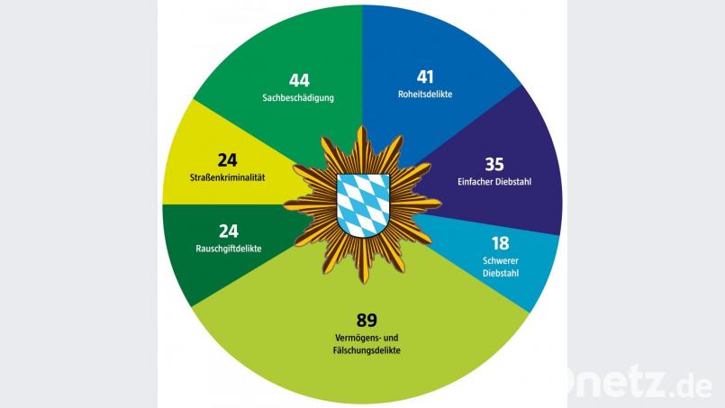Die Beamten der Polizeiinspektion Oberviechtach ermittelten im vergangenen Jahr wegen 363 Straftaten. Die Grafik zeigt die Deliktsarten mit den meisten Fällen. Bild: gld