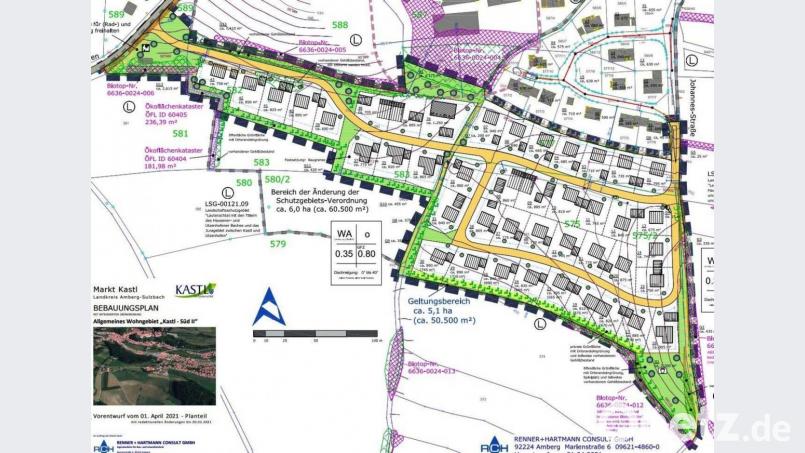 Das rund fünf Hektar große Baugebiet Kastl-Süd II wird auch von der Seite der Utzenhofener Straße (links) mit der Johannesstraße auf ebenem Gelände erschlossen. Repro: Markt Kastl/jp
