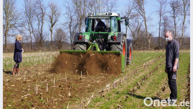Mechanische Beikrautregulierung durch Wasserberater Michael Lukas mit der Celli - Fräse. Landwirt Georg Bocka (rechts) und Christine Griesbach vom Sachgebiet Wasserschutz der Marktgemeinde Waldthurn beobachten die Feldarbeiten. Bild: fvo