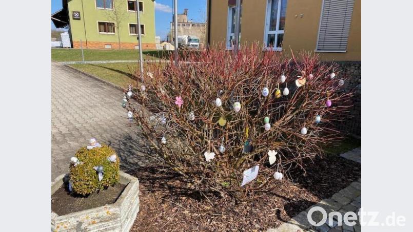 Die Kunstwerke der Aktion sind am Strauch vor dem Rathaus zu bewundern. Bild: lep