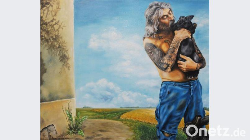 Der &quot;Herr der Hasen&quot;, gemalt in Öl auf Leinwand, ist eine Woche lang im Fenster der Galerie in der Frühlingsstraße ausgestellt. Bild: hka