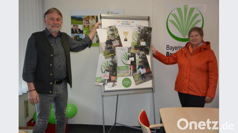 Kreisbäuerin Irmgard Zintl und Bauernverband-Geschäftsführer Ulrich Härtl präsentieren die fünf Sieger des Malwettbewerbs. Bild: jr