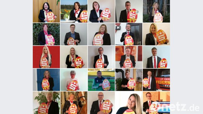 Eine Spende der Sparkasse Amberg-Sulzbach von jeweils 200 Euro nahmen diese 25 Mitarbeiter stellvertretend für Vereine, bei denen sie im Vorstand tätig sind, entgegen. Bild: Fotocollage Kathrin Schmidt/exb