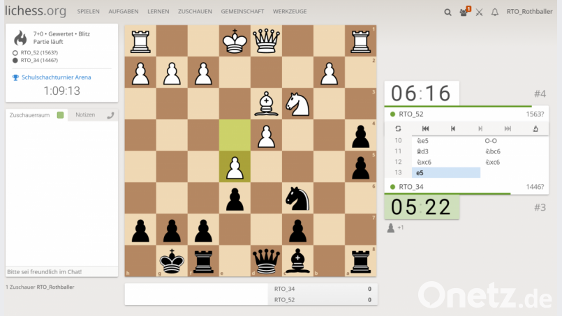 Über die Internetplattform &quot;Lichess&quot; trug die Realschule Kemnath ihr erstes digitales Schachturnier aus. Zuvor wurde im Sportunterricht das Schachspielen geübt. Screenshot: Frank Rothballer/exb