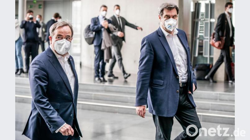 Nach einem ergebnislosen Treffen von Armin Laschet (links) und Markus Söder (rechts) in der Nacht auf Montag wird mit Spannung der Ausgang des Machtkampfs um die Kanzlerkandidatur der Union erwartet. Eine Entscheidung war bis in die Abendstunden nicht absehbar. Bild: Michael Kappeler/dpa