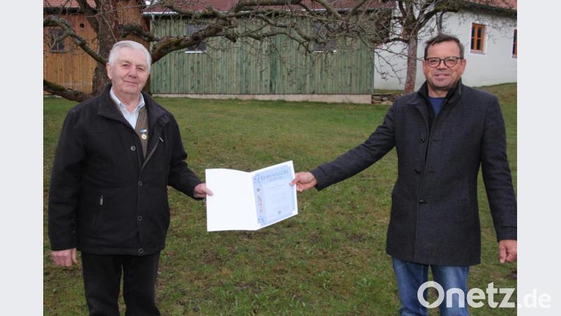 Mit gebührendem Abstand verlieh Kreisfachberater Harald Schlöger (rechts) an Konrad Eckstein aus Motzersreuth, der zugleich seinen 80. Geburtstag feierte, die zweithöchste Auszeichnung des Landesverbandes, die &quot;Ehrennadel am Bande&quot;. Bild: kro