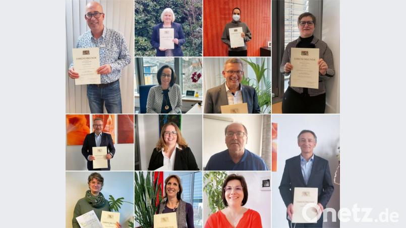 Die Geehrten der Sparkasse Amberg Sulzbach für 25 und 40 Dienstjahre. Bildmontage: Boehm I Agentur für Regionalmarketing/exb