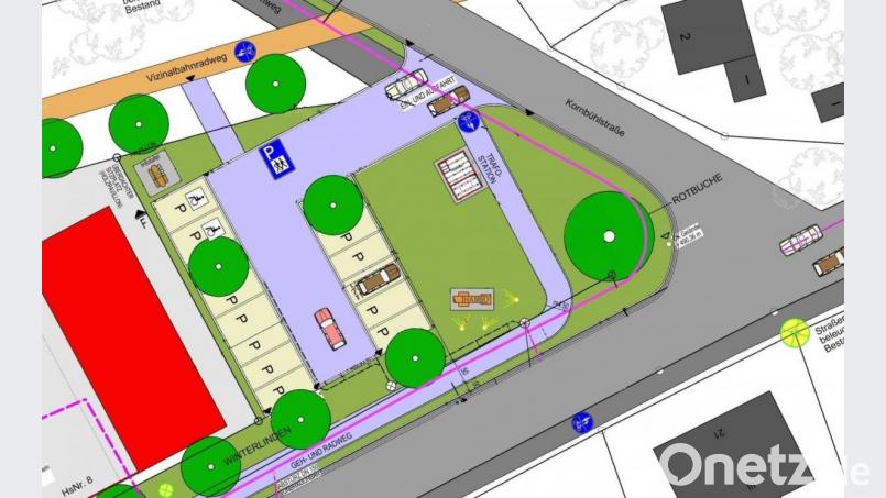 Der Plan für den Radlerparkplatz an der Ecke Falkenberger Straße/Kornbühlstraße sieht auch 13 Parkplätze und einen Platz für eine Hamm-Walze vor. Natürlich werden auch Bäume gepflanzt. Rund um das gesamte ehemalige SMCS-Gelände sind 34 Bäume vorgesehen. Grafik: Stadt Tirscheneruth/exb