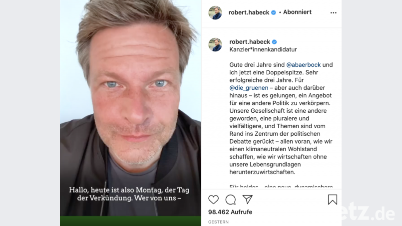 Robert Habeck erklärte seinen Rückzug in der Kanzlerkandidaten-Frage in einem Videostatement auf Instagram. Screenshot: sbö/Instagram/Robert Habeck