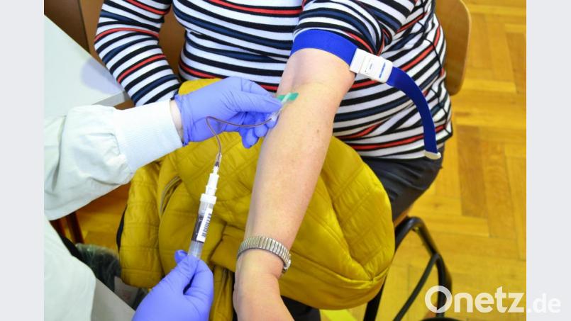 Startschuss für die dritte Runde der Corona-Antikörper-Studie in Kreis Tirschenreuth. In der Turnhalle St. Peter in Tirschenreuth gibt eine Studienteilnehmerin eine Blutprobe ab. Archivbild: kaz
