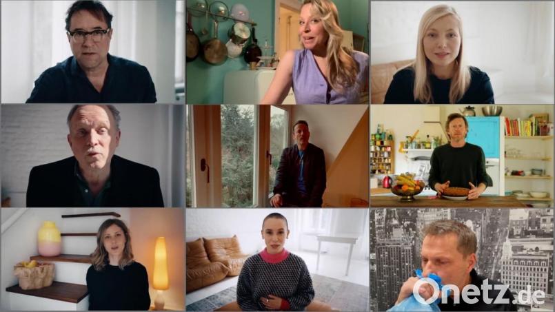 Die Kombo aus einzelnen Video-Standbildern der Internetaktion #allesdichtmachen via Youtube zeigt Schauspieler, die sich an der Internetaktion unter dem Motto #allesdichtmachen beteiligen: Obere Reihe l-r Jan-Josef Liefers, Nina Proll, Nadja Uhl, mittlere Reihe l-r Ulrich Tukur, Wotan Wilke Möhring, Maxim Mehmet und untere Reihe l-r Katharina Schlothauer, Peri Baumeister, Richy Müller. Rund 50 prominente Film- und Fernsehschauspieler sorgen mit einer großangelegten Internetaktion unter dem Motto #allesdichtmachen für Aufsehen. Bild: Internetaktion #allesdichtmachen via Youtube/dpa