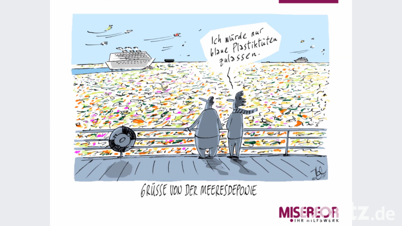 Karikatur auf dem Ausstellungsplakat der Misereor-Ausstellung "Glänzende Aussichten". Bild: Misereor