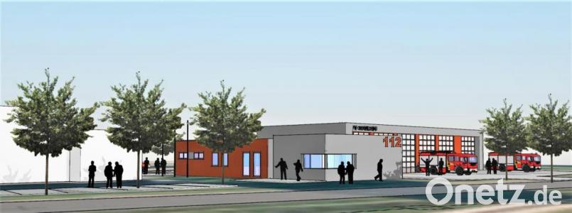 Das neue Feuerwehrhaus Oberwildenau zeigt sich als modernes Funktionsgebäude. So wird das Feuerwehrhaus von der Kreisstraße NEW 21 aus präsentieren: Grafik: Architekturbüro Josef Schöberl/exb