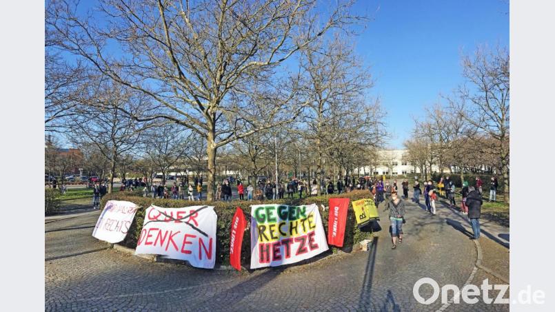 Über 50 Bürger demonstrieren in Weiden am Dienstag gegen den zeitgleich n der Max-Reger-Halle stattfindenden AfD-&quot;Bürgeridalog&quot;. Bild: Gabi Schönberger