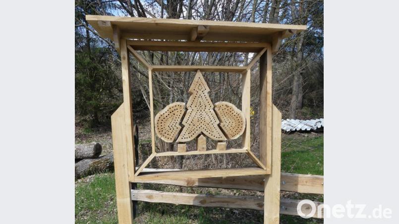 Bereits in seiner Anfangsphase ist das künftige Insektenhotel ein Blickfang für die zahlreichen Passanten. Bild: rn