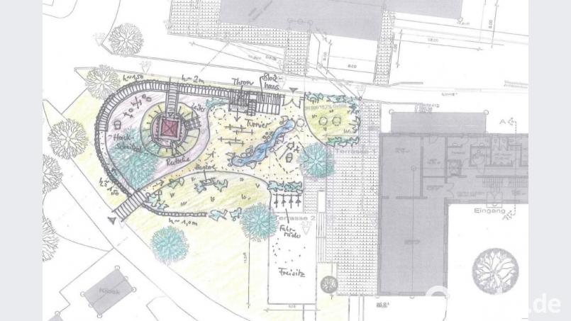 Die Initiative Mittelalterspielplatz gestaltet, plant und baut alles selbst. Auf rund 400 Quadratmetern soll beim Geschichtspark vor der Terrasse des Museumscafés "Brot&Zeit" für 20.000 Euro ein Themenspielplatz entstehen. Grafik: Geschichtspark/exb