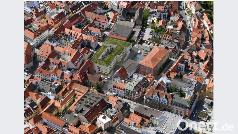 Computeranimation aus dem Hause Ten Brinke: Bei dem Gebäude mit dem grünen Dach in der Bildmitte handelt es sich um den geplanten Gebäudekomplex auf dem Bürgerspital-Areal. Grafik: Ten Brinke