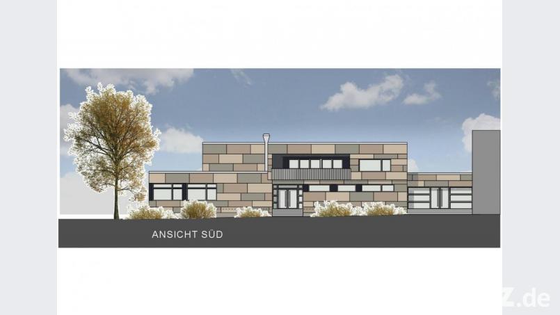 So soll die generalsanierte Mehrzweckhalle 2023 aussehen. Die ursprüngliche Form des Baukörpers bleibt, fast alles andere wird neu. Grafik: apg 90/Rainer Pichl/exb