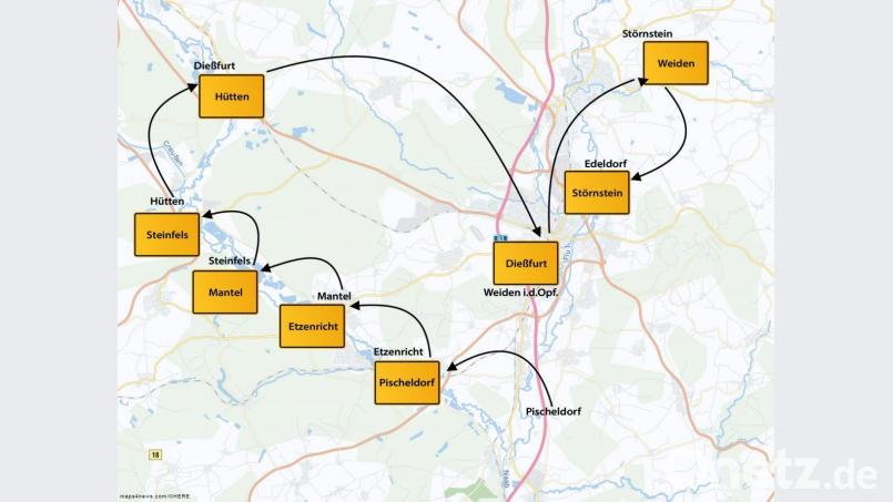 Walperer fuhren in der Nacht auf 1. Mai quer durch den Landkreis Neustadt und machten auch noch einen Abstecher nach Weiden - nur um das jeweilige Ortsschild ein paar Kilometer weiter zu montieren. Grafik: ma