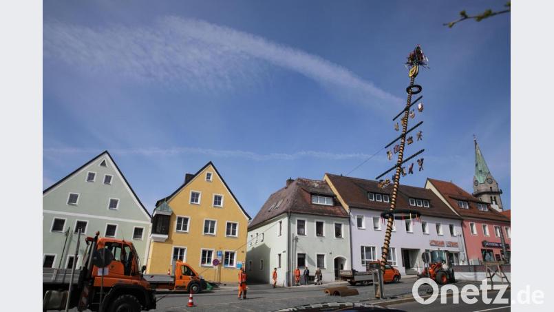 Am Freitagmorgen stellte der städtische Bauhof den Maibaum auf. Bild: njn