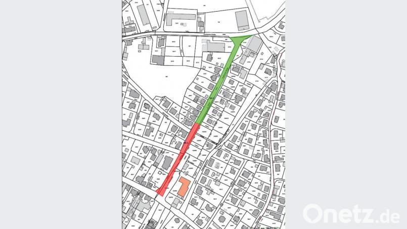 Rot markiert ist der erste Bauabschnitt in der Hopfenoher Straße, grün dargestellt der zweite Abschnitt. Grafik: Stadt Auerbach/exb