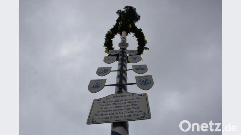 „Der Maibaum ziert des Marktes Mitte“, heißt es treffend auf dem Schild. Bild: jr