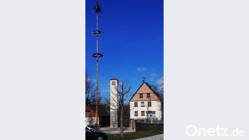 Wie mit der Wasserwaage ausgerichtet steht der Maibaum heuer wieder stolz beim Rathaus. Bild: ld