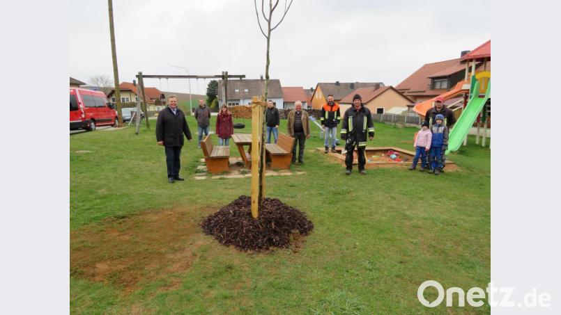Der Vorstand des Obst-und Gartenbauvereins und die Mitglieder der Feuerwehr pflanzten zwei Bäume im Gemeindegebiet .Bürgermeister Gerhard Kellner (links) dankte den beiden Vereinen für die Ortsverschönerung. Bild: adj
