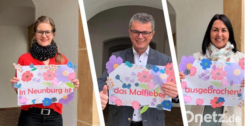 Familienbeauftragte Verena Binder, Bürgermeister Martin Birner und Birgitt
Gruschka vom zuständigen Ordnungsamt (von links) rufen gemeinsam zum Mitmachen am Malwettbewerb auf. Bild: Ulrike Meixner, exb