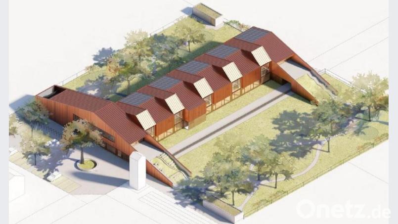 So soll der neue, achtgruppige Kindergarten aussehen, den die Stadt Nabburg hinter dem Diendorfer Schulhaus baut. Grafik: Büro Hrycyk Architekten / exb