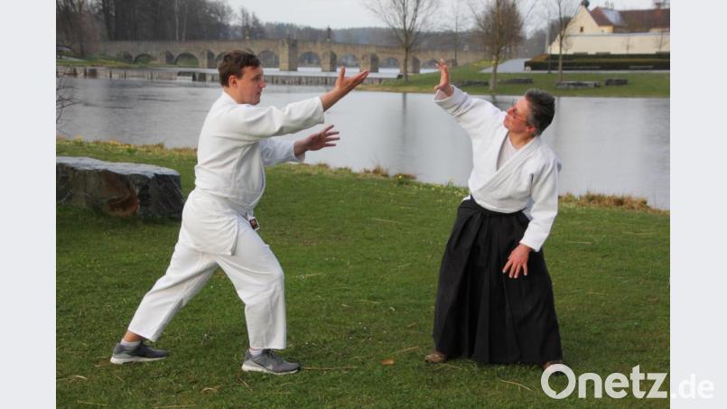 Aikido-Training vor imposanter Kulisse im Fischhofpark: Volodymyr Kulykovskyi (links) und Margret Schels. Bild: kro