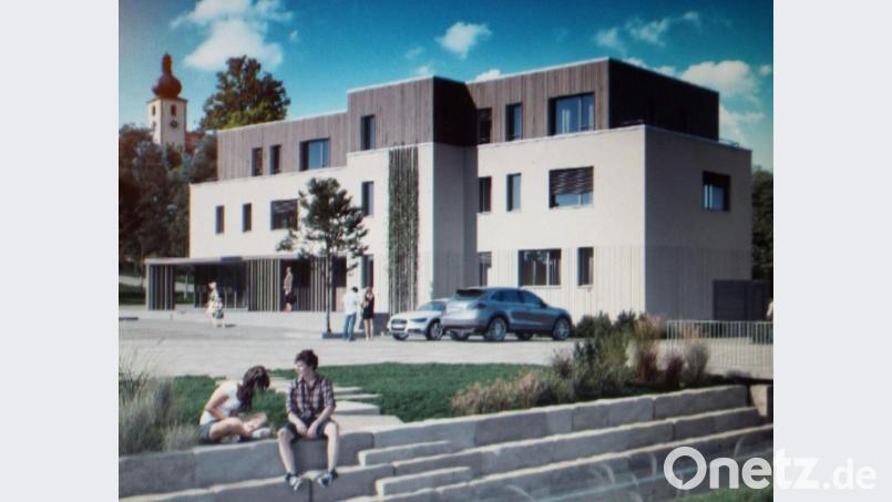 Ein zweigeschossiges Wohn- und Geschäftshauses mit zusätzlich Gastronomie und Tiefgarage soll am Dorfplatz in Kümmersbruck entstehen. Dabei übernimmt die Gemeinde selbst die Vermietung oder den Verkauf der Gewerbefläche. Grafik: Bauausschuss Kümmersbruck/e