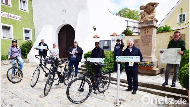 Bei der Präsentation (von links): Veronika Schmalzl (LAG Regionalenentwicklung AS), Pfarrer Andreas Utzat (stellvertretender evangelischer Dekan im Bezirk Sulzbach-Rosenberg), Renate Flierl (Vertrauensobfrau des evangelischen Kirchenvorstands in Illschwang), Dieter Dehling (Bürgermeister der Gemeinde Illschwang), Thomas Sanikommula (Pfarrvikar in der katholischen Pfarrei Illschwang), Ruhestandspfarrer Hans-Peter Pauckstadt-Künkler (Vorsitzender des Fördervereins Simultankirchen in der Oberpfalz), Landrat Richard Reisinger und Hubert Zaremba (Leiter des Tourismusbereichs beim Landratsamt Amberg-Sulzbach). Bild: no