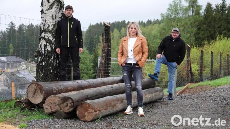 Michaela Reger (Mitte) wollte den Maibaum für das heimische Ziegengehege ergattern. Die Tiere werden sich über den Kletterparcours sicher freuen. FFW-Vorsitzender Reinhard Wiesent (rechts) und Alexander Scherer (links) lieferten den Baum gleich an. Bild: dob