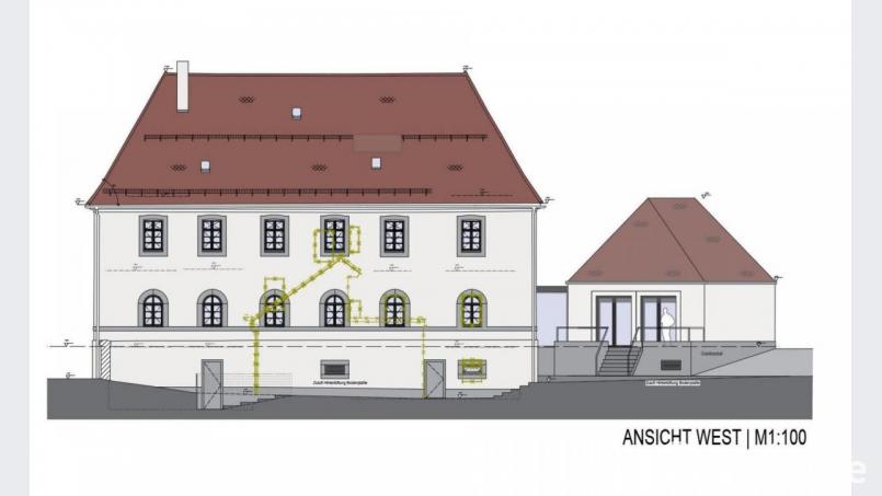 Zum 2,5 Millionen Euro teuren Umbau des ehemaligen Lehrerwohnhauses zum Friedenfelser Rathaus bekam die Gemeinde Post vom Bund der Steuerzahler. Das Bild zeigt die künftige Westansicht. Ausgearbeitet hat den Plan das Architekturbüro Hilgarth. Repro: bsc