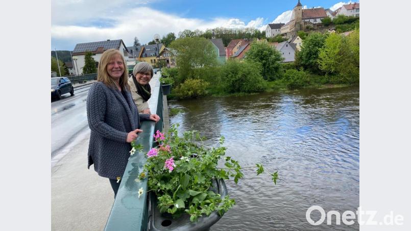 Netzwerk-Vorsitzende Gisela Westiner und Projektgruppenleiterin Elisabeth Troidl freuen sich: 26 Blumenkörbe verschönern die Naabbrücke. Bild: Völkl