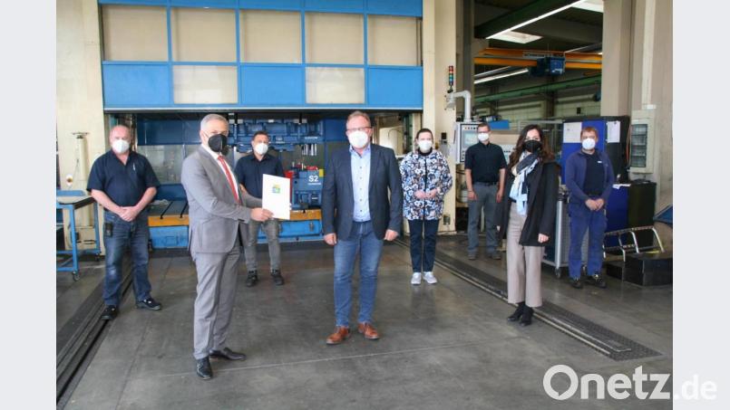 Stellvertretender Fertigungsleiter Johann Fachtan, Landrat Roland Grillmeier, Fertigungsleiter Harald Thoma, Geschäftsführer Johannes Troesch, Prokuristin Frieda Reiß, Lars Trinks (Umweltmanagement), Bürgermeisterin Margit Bayer und Betriebsrat Stefan Schultes bei der Zertifikat-Übergabe. Im Hintergrund die 1000 Tonnen Try-Out-Presse zur Werkzeugerprobung und Kleinserienfertigung. Bild: fpoz