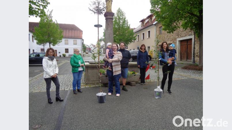 Die Übergabe der Obstbäume erfolgte am Marktplatz in Winklarn. Vorsitzende Martina Irlbacher (von links) und Hildegard Lingl, die Familie Rohrbach mit Malene sowie Martina Schmid und Sonja Turban mit Bastian strahlten um die Wette. Bild: amö