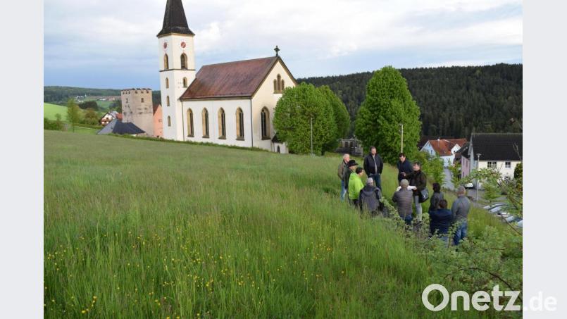 In einer sehr exponierten Lage oberhalb der Pfarrkirche und der Versöhnungskapelle soll das neue Baugebiet entstehen. Vor Ort machte sich der Gemeinderat ein Bild. Bild: bnr
