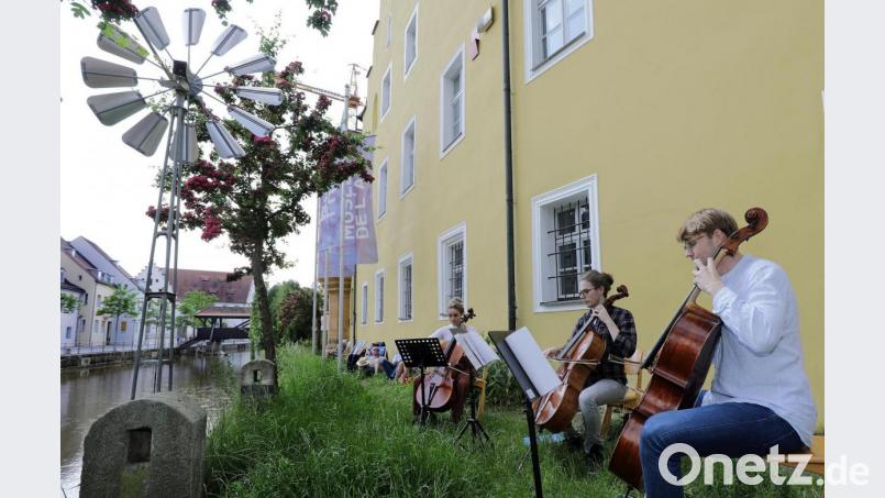&quot;Vilsromantik&quot; mit zwei Cellisten der Musikfachschule Sulzbach-Rosenberg und ihrem Dozenten Christoph Pickelmann gab es vor dem Luftmuseum zu hören. Bild: Wolfgang Steinbacher