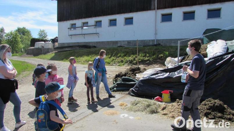 Die Kinder mit ihren Betreuerinnen auf dem Hof von Milchbauer Michael Richtmann in Kondrau. Bild: Städtisches Kinderhaus Waldsassen/exb