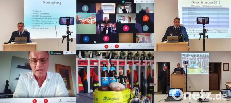 Coronabedingt musste 2020 die Jahreshauptversammlung ausfallen. Dieses Jahr fand sie als Online-Konferenz statt. Vorsitzender Michael Schuminetz (oben links) und Kommandant Sebastian Jasinsky (oben rechts) warteten mit interessanten Infos auf. Mit dabei unter den 41 Teilnehmern: Bürgermeister Hermann Falk (unten links) und Kreisbrandrat Fredi Weiß (kleines Foto, oben rechts). Bild: u