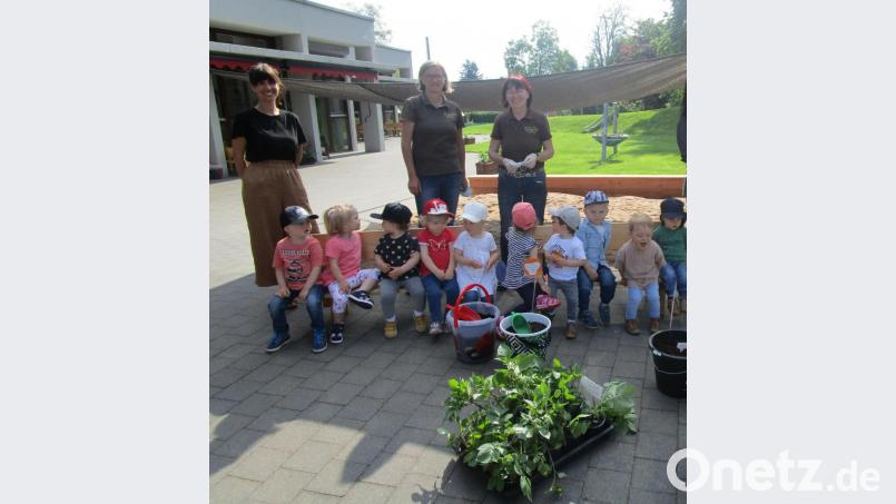 Maria Maria Kinle (hinten, Mitte) und Lisa Schröpf (hinten rechts) von der Gärtnerei Schröpf mit Erzieherin Pia Scharl (hinten links) und den Kindergartenkindern. Bild: Kinderhaus Kunterbunt/exb