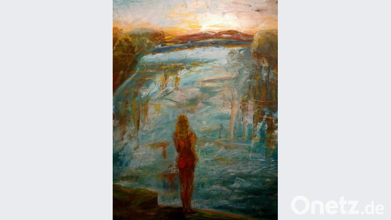 Der Heimatverein Eschenbach wird in seiner Ausstellung „Begegnung mit Eschenbach“ im Museum beim "Taubnschuster" auch Bilder vom Rußweiher zeigen. Besonders gelungen ist ein Ölgemälde von Gerlinde Kohl, betitelt „Abend am Rußweiher“, mit einer Badenixe vor dem Sonnenuntergang am See. Bild: hev