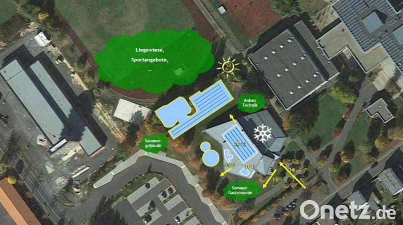 So könnte sich ein Freibad-Neubau an das sanierte Hallenbad (mit Eiskristall-Symbol) anschließen. Die Planer haben dafür in einer ersten groben Übersicht Investitionen von insgesamt 19 Millionen Euro angesetzt - plus die Kosten für die dann notwendige Verlegung des Sportplatzes. Bild: Kannewischer Management AG/exb