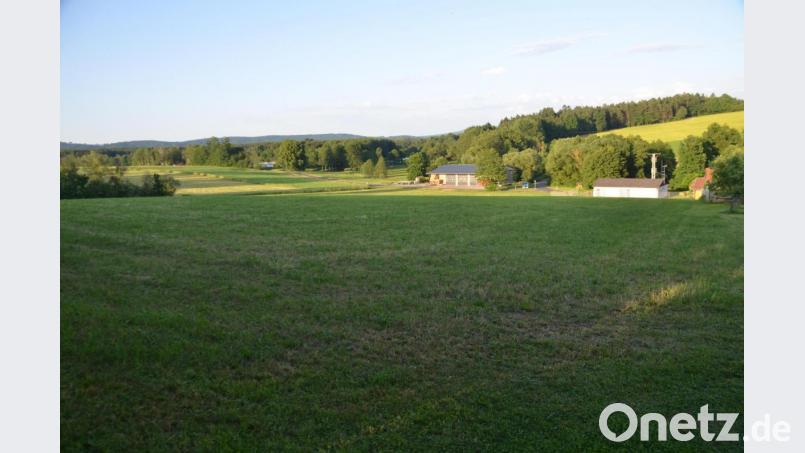 Auf diesem Areal soll das Baugebiet „Haidenaab – Am Mühlgraben“ entstehen. Hinten rechts ist die Tiefbrunnenanlage der Wasserversorgung Speichersdorf zu sehen. Bild: ak