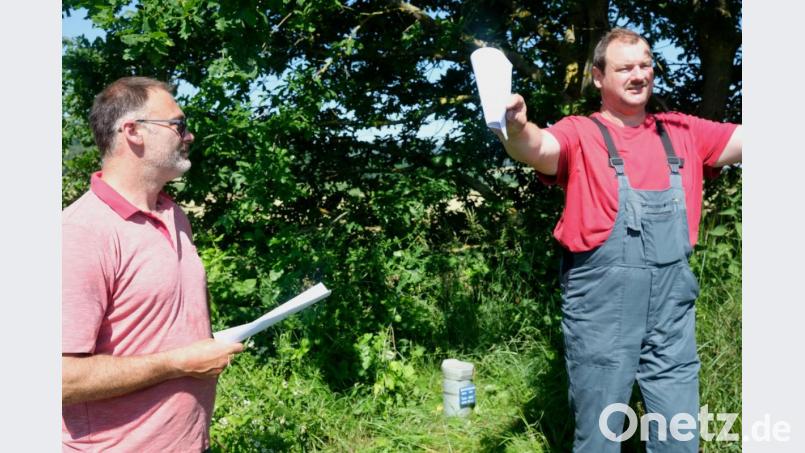 Die Landwirte und CSU-Stadträte Hans Sieß (links) und Robert Koller (rechts) zweifeln die Nitratwerte im Grundwasser an der Messstelle nördlich von Klardorf (am Boden) an. Bild: Hirsch