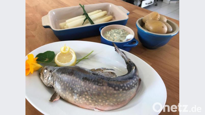 Die Forelle blau kommt mit Spargel und Grüner Sauce auf den Tisch. Dazu reicht OWZ-Küchenchef Michael Schiffer Pellkartoffeln. Bild:  Michael Schiffer